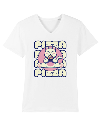Cute kawaii cat eating pizza White