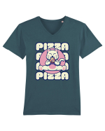 Cute kawaii cat eating pizza Tricou mânecă scurtă guler V Bărbat Presenter