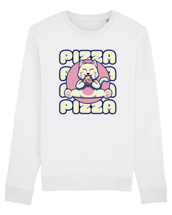 Cute kawaii cat eating pizza White