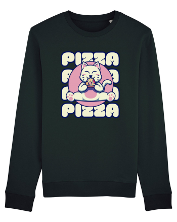 Cute kawaii cat eating pizza Black