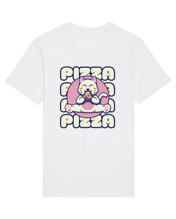 Cute kawaii cat eating pizza White