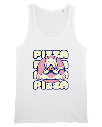 Cute kawaii cat eating pizza White