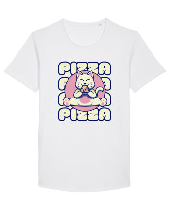 Cute kawaii cat eating pizza White