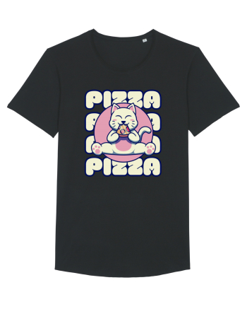 Cute kawaii cat eating pizza Black