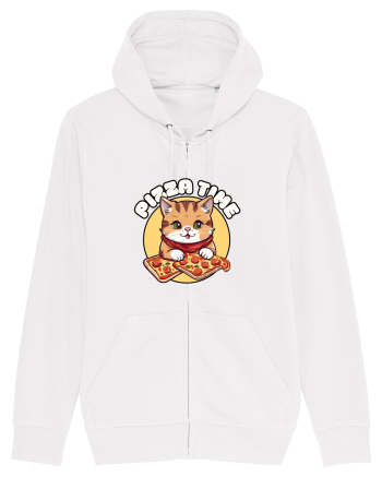Cute kawaii cat eating pizza White