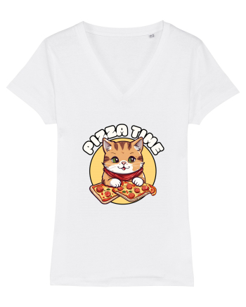 Cute kawaii cat eating pizza White