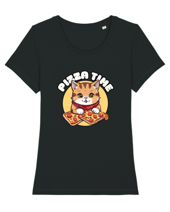 Cute kawaii cat eating pizza Black