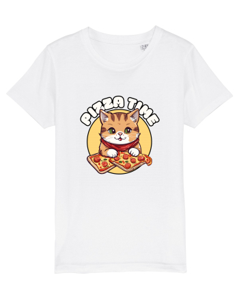 Cute kawaii cat eating pizza White