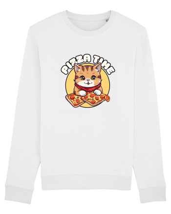 Cute kawaii cat eating pizza White
