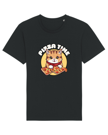 Cute kawaii cat eating pizza Black