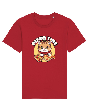 Cute kawaii cat eating pizza Red