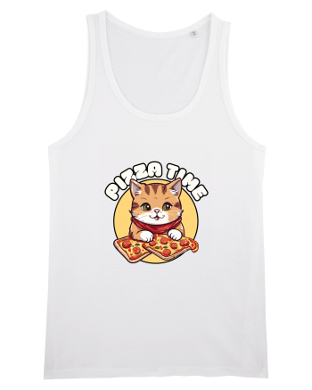 Cute kawaii cat eating pizza White