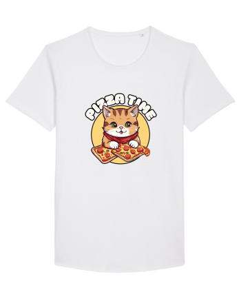 Cute kawaii cat eating pizza White