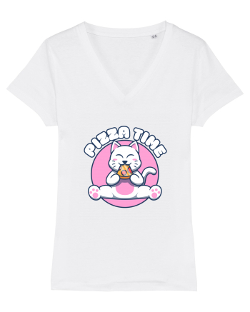 Cute kawaii cat eating pizza White
