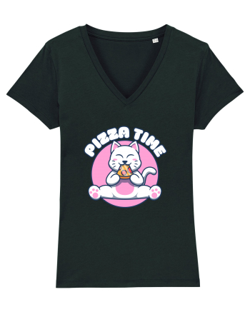 Cute kawaii cat eating pizza Black