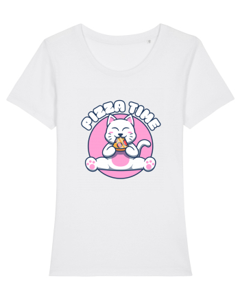 Cute kawaii cat eating pizza White