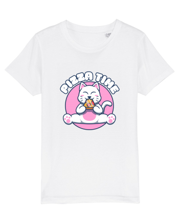 Cute kawaii cat eating pizza White