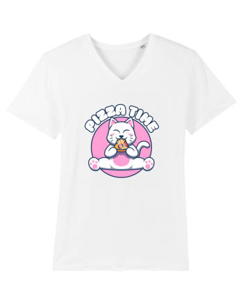Cute kawaii cat eating pizza White