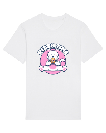 Cute kawaii cat eating pizza White