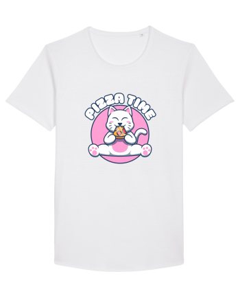 Cute kawaii cat eating pizza White