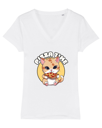 Cute kawaii cat eating pizza White