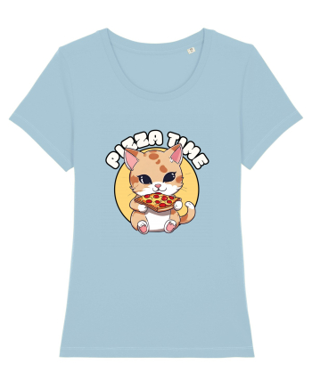 Cute kawaii cat eating pizza Sky Blue