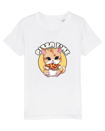 Cute kawaii cat eating pizza White