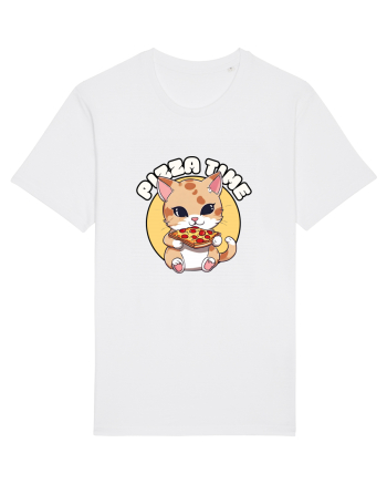 Cute kawaii cat eating pizza White