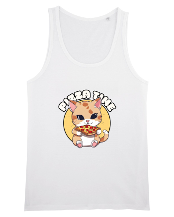 Cute kawaii cat eating pizza White