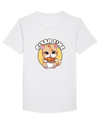 Cute kawaii cat eating pizza White
