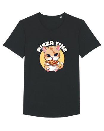 Cute kawaii cat eating pizza Black
