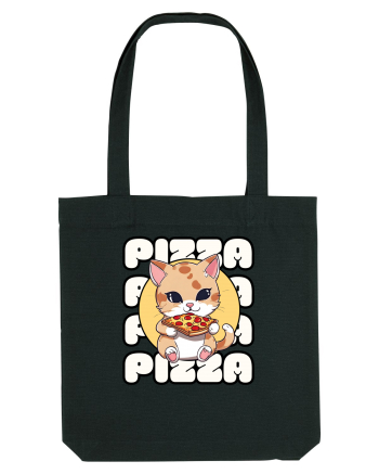 Cute kawaii cat eating pizza Black
