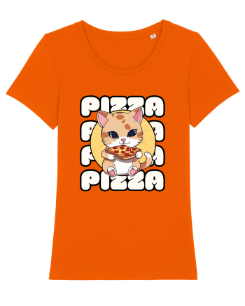 Cute kawaii cat eating pizza Bright Orange