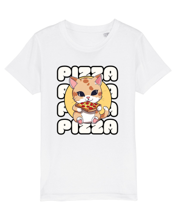 Cute kawaii cat eating pizza White