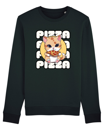 Cute kawaii cat eating pizza Black