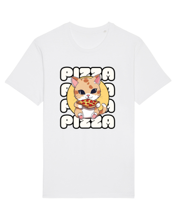 Cute kawaii cat eating pizza White