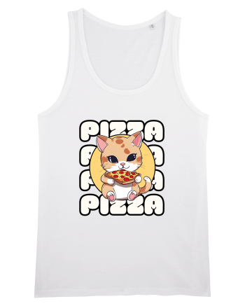 Cute kawaii cat eating pizza White