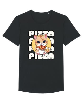 Cute kawaii cat eating pizza Black