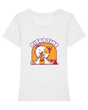 Cute kawaii cat eating pizza White