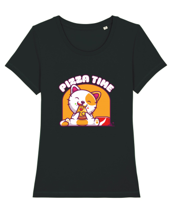 Cute kawaii cat eating pizza Black