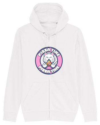 Cute kawaii cat eating pizza White