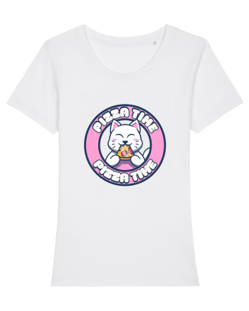Cute kawaii cat eating pizza White