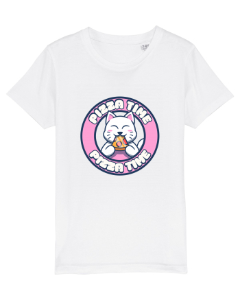 Cute kawaii cat eating pizza White