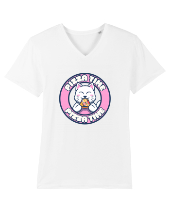 Cute kawaii cat eating pizza White
