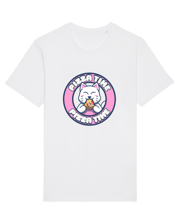 Cute kawaii cat eating pizza White