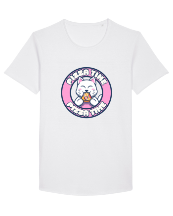 Cute kawaii cat eating pizza White