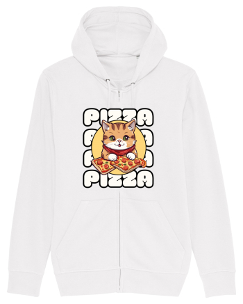 Cute kawaii cat eating pizza White