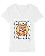 Cute kawaii cat eating pizza Tricou mânecă scurtă guler V Damă Evoker