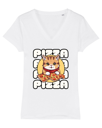 Cute kawaii cat eating pizza White