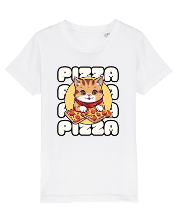 Cute kawaii cat eating pizza White